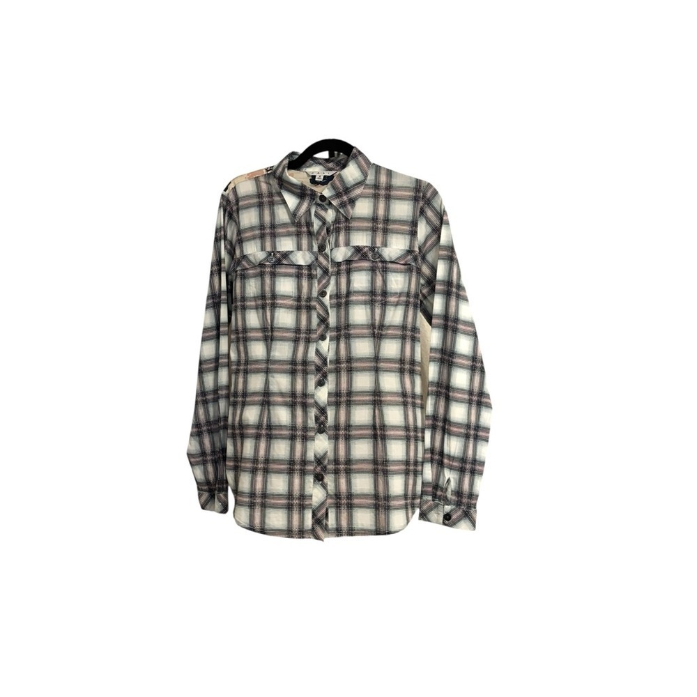 CAbi Plaid Blouse Lightweight Blouse with Floral Back Cream, Blue & Pink Size S